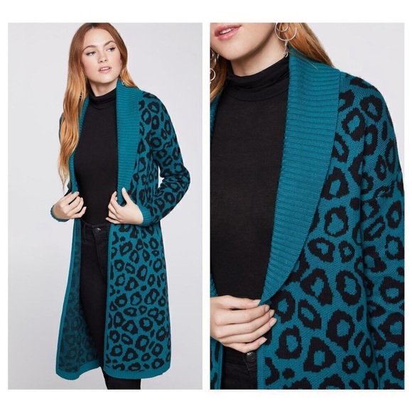 BCBGeneration Teal Animal Print Cardigan - Picture 1 of 5